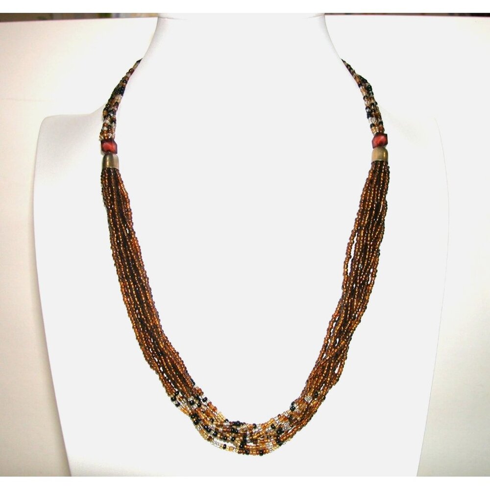 Multistrand Brown & Amber Glass Beaded Necklace 20 inches